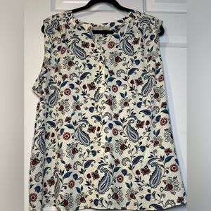 LOFT Sleeveless Blouse with Paisley and Floral Print - Cream and Blue
